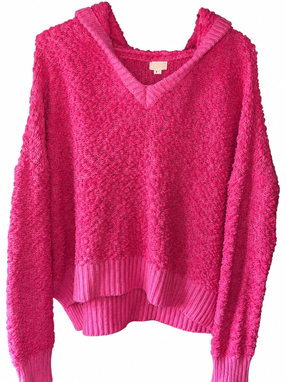 POL Hot Pink V-Neck Bubble Knit Hooded Sweater - Picture 2 of 4